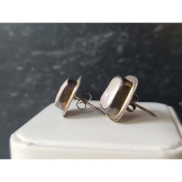 925 Sterling Silver Real Pearl Square Shaped Stud Earrings Vintage - Picture 6 of 10